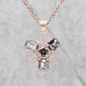 0.80 Ct Natural Emerald Salt And Pepper Diamond 14K Rose Gold Engagement Pendant - Picture 1 of 9