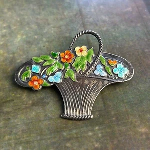 Antike Blumenkorb Blumenstrauß Garten Party Hochzeit Emaille Brosche Anstecknadel Edwardianisch - Bild 1 von 10
