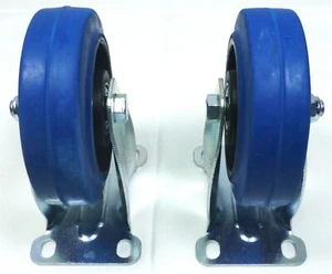 Set Of (2)Two Heavy Duty Fixed Casters with 4"(97.85mm) Dia. Blue Rubber Wheels - Picture 1 of 6
