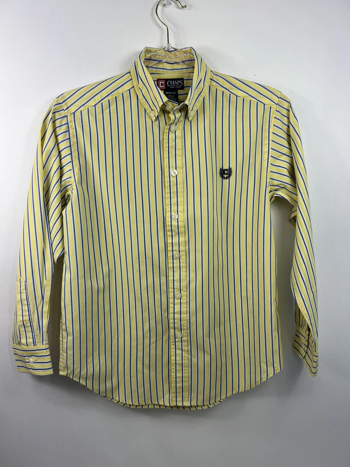 Chaps Dress Shirt Youth Boys Sz M(10-12) Yellow Blue/White Stripe Long Sleeve - Image 1 of 4