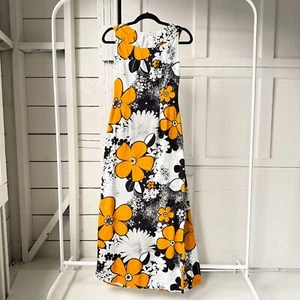 Vintage 70s Hukilau Hawaiian Maxi Dress Printed Floral Cotton Barkcloth Sz S - Picture 1 of 8