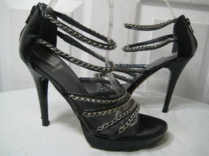 Luxury $850 Stuart Weitzman Chain Black Patent Leather Strappy Heel Sandal 8 M. - Picture 1 of 12