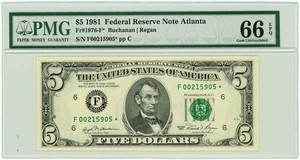 FR.1976-F* $5 1981 Federal Reserve Note Atlanta Gem Unc 66 EPQ PMG 950222-180 - Picture 1 of 3