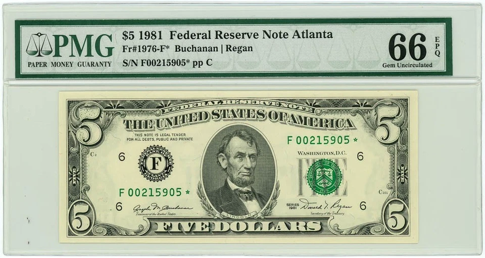 FR.1976-F* $5 1981 Federal Reserve Note Atlanta Gem Unc 66 EPQ PMG 950222-180 - Image 1 of 3