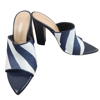 Paris Valtadoros Striped Mule Heels Women’s SZ 37 (US 6) Navy/White Block Heel - Image 1 of 4