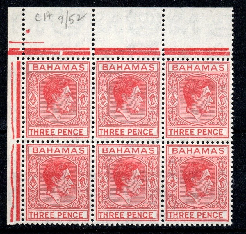 Bahamas 1952 3d scarlet King George VI SG 154b MNH marginal block of 6 - Image 1 of 1