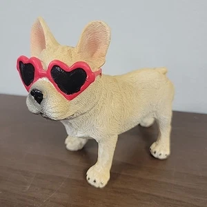Cream & Tan Resin Bulldog or Boxer Dog w/ Hot Pink Heart Sunglasses - Picture 1 of 6