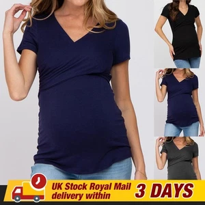 UK Women Pregnancy V-Neck Short Sleeve T-Shirt Tops Maternity Nursing Blouse - Picture 1 of 17