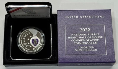 2022 W Purple Heart Colorized Silver Dollar w/ OGP & COA - Image 1 of 4