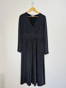 Boden Dress Women Size 14 Black Silver Sparkle Midi Long Sleeve V Neck Christmas - Picture 1 of 10
