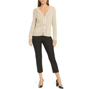 White House Black Market Cardigan Womens Medium Beige Shimmering Elegant Knit - Picture 1 of 16