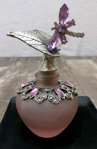 Jeweled Perfume Bottle Metal Frosted Glass Dragonfly Leaf Stopper Vtg Artglass - Picture 1 of 23