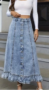 Denim Y2K Maxirock Knopfleiste helle Waschung Gr. XS Meerjungfrau Rüschensaum Baumwolle - Bild 1 von 8
