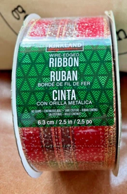 Kirkland Wire-Edged Ribbon 2.5" Wide 50 YD Red Plaid Frosty Glitter Gold Edging - Image 1 of 4