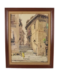 Antique Old Town Spain Watercolor Painting By Ricardo Sacristan Arrieta - Picture 1 of 15