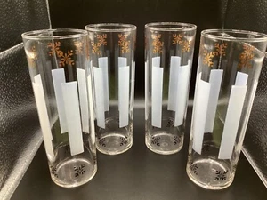 Set of 4 Federal Glass MCM Tom Collins Gold & Black Floral Frosted Stripes 7” - Picture 1 of 5