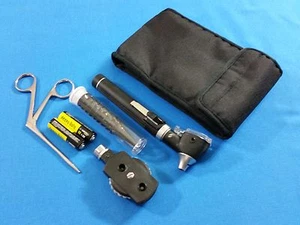 BLACK MINI FIBER OPTIC Otoscope Ophthalmoscope+Alligator forceps+Batteries KIT - Picture 1 of 5