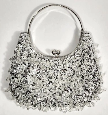 Bolso sin asas de noche con lentejuelas transparentes con joyas plateadas asa redonda forro satinado Foto 1 de 4