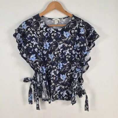 H&M womens blouse top size S black floral short sleeve round neck cotton 025849 - Image 1 of 4