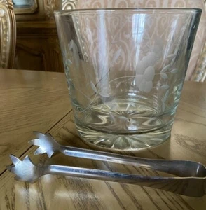 Ice Bucket + Tongs - Flower Etched Clear Glass Ice Bucket H5 3/4" x W6" Heavy - Picture 1 of 2