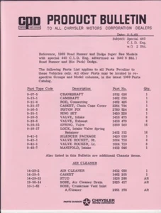1969 A12 Dodge Super Bee Plymouth Road Runner 440 Six Pack factory parts list - Picture 1 of 1