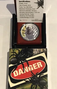 Tuvalu Deadly and Dangerous 2012 FUNNEL WEB SPIDER .999 1oz Silver Coin 1$ Perth - Picture 1 of 6