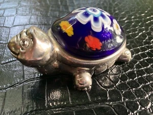 Vintage Valenti Schildkröte Figur Millefiori Kobalt Glas Italien Laminato AG Silber - Bild 1 von 12