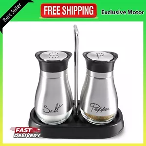 3 Piece Stainless Steel Salt and Pepper Shakers Set with Holder (4 oz) - Picture 1 of 9