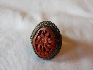 vintage adjustable silver tone cinnabar floral ring - Picture 1 of 6