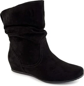 Women Wide Fit Slip On Casual Slouch Short Ankle Boot Booties Black Suede 11.5XW - Picture 1 of 9