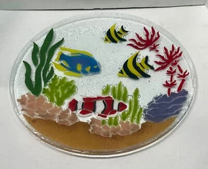 Signed Peggy Karr Fused Glass 13¾" Tropical Fish & Coral Reef Plate Platter - Picture 1 of 3