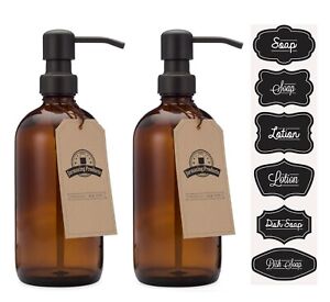 Amber Glass Jar Soap and Lotion Dispenser with Matte Black Pump - 16 oz - 2 Pack