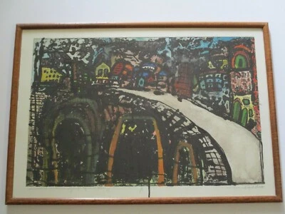 HAND COLORED ETCHING PAINTING REGIONALISM MODERNISM ABSTRACT EXPRESSIONISM CITY - Image 1 of 4