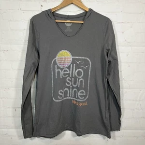 Life is Good Hooded T Shirt Womens Large Gray Classic Fit Cotton Hello Sunshine - Picture 1 of 10