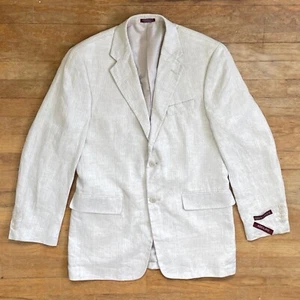 Vintage Herren Gestreifter Leinen Blazer Gr. 38R 90er Ecru/Creme Sport Mantel Jacke - Bild 1 von 5