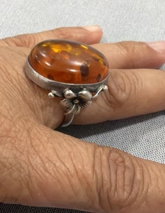 VINTAGE AMBER 925 STERLING SILVER RING ART DECO SIZE 8.1 - Picture 1 of 14