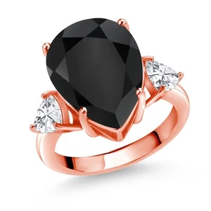 8.91 Ct Pear Shape Black Onyx 18K Rose Gold Plated Silver Ring - Picture 1 of 5