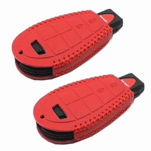 2Pcs Red Leather For Dodge Durango Chrysler Jeep Cherokee 3 Buttons Key Fob - Picture 1 of 4