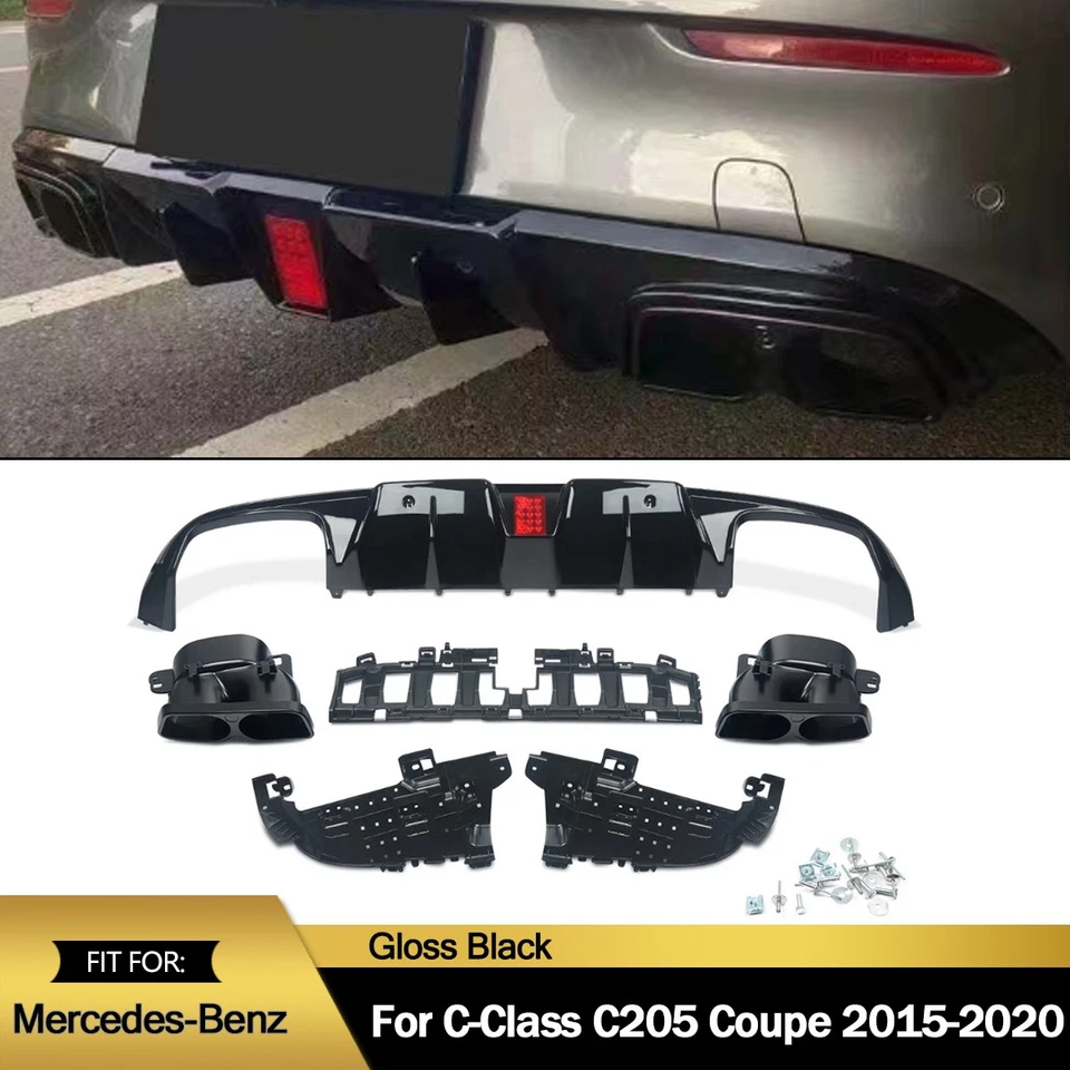 For 2015-2018 Mercedes-Benz C205 C43 C63 Rear Diffuser Tailpipe Tips Gloss Black - Image 1 of 4