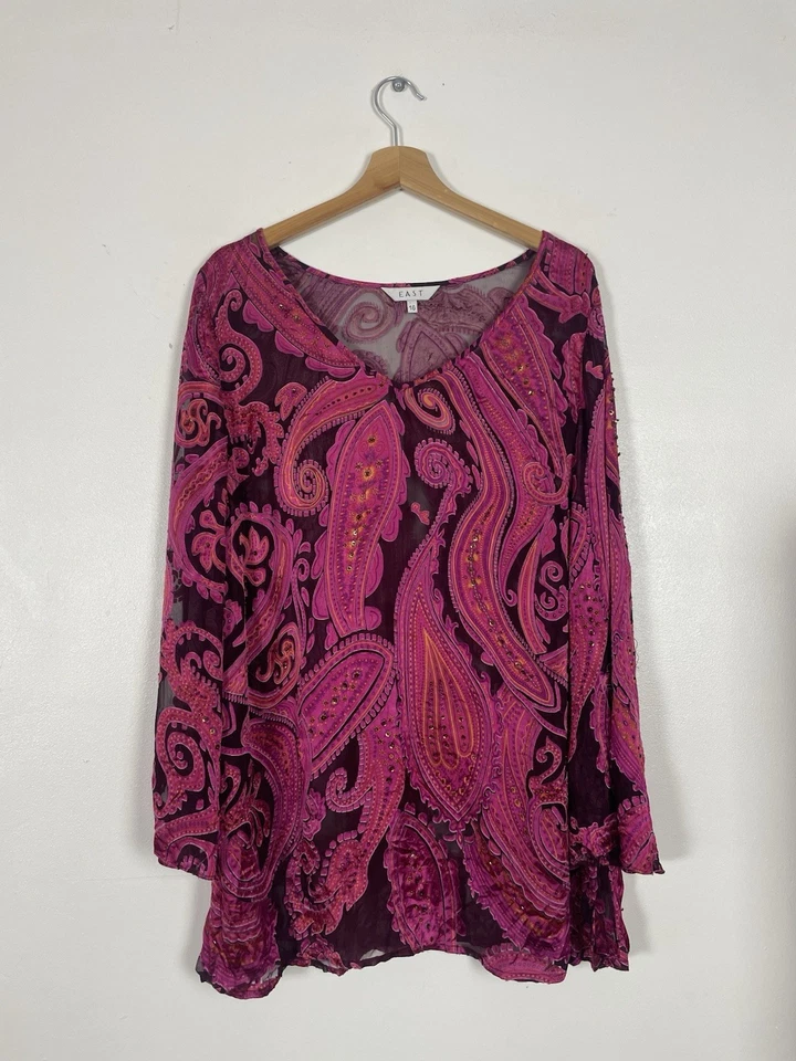 East Pink Paisley Silk Blend Beaded Long Sleeve  Top - Size 16 - Image 1 of 4