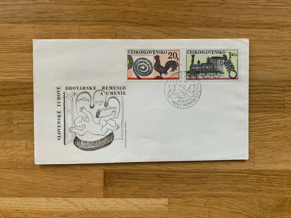 Checoslovaquia 1972 FDC ARTE CON TREN DE ALAMBRE MOTOR LOCOMOTORA COCKEREL BABY Foto 1 de 1