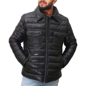 Mens Puffer Jacket Real lambskin leather bomber jacket Black Double pocket Coat - Picture 1 of 9