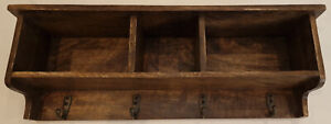 Wood Wall Shelf With Storage Slots & 4 Hooks Rustic/Industrial Look