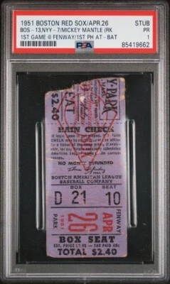 1951 MICKEY MANTLE 1st GAME@FENWAY/BOSTON DEBUT ROOKIE/Gm#9 DIMAGGIO PSA TICKET - Image 1 of 2