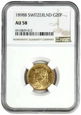 Moneda de oro 1898 B Suiza 20 francos 0,1867 oz AU 58 NGC aproximadamente sin circular 58 Foto 1 de 2