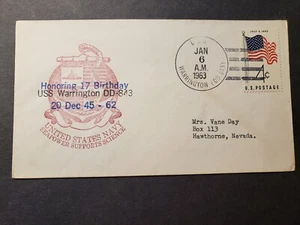 USS WARRINGTON DD-843 Naval Cover 1963 POLAR ANTARCTICA BIRTHDAY Cachet - Picture 1 of 2