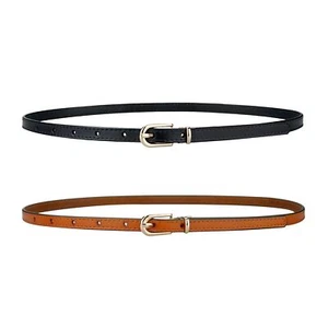 2 Pack Thin Belts for Women Leather Skinny Belt for Dress Adjustable Black+Br... - Picture 1 of 7