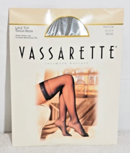 Vassarette Lace Top Thigh High Sheer Nylon Hosiery Stockings M Medium Black - Picture 1 of 8