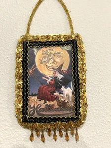 Victorian Halloween Wall Hanging 11x6" Witch on Broom Vtg Trim Bead tassel OOAK - Picture 1 of 14