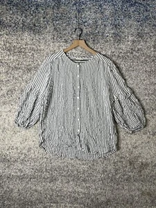 Max Studio Striped Button Down Shirt Top XL Long Puff Sleeves Ruffle White Blue - Picture 1 of 9